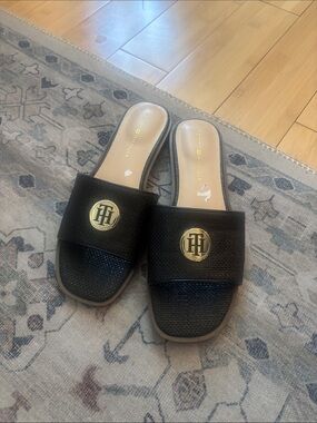 Tommy Hilfiger Black Slide Mules with Gold Logo Medallion